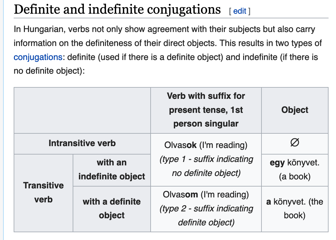 Screenshot of Wikipedia. The text reads: In Hungarian, verbs not only show agreement with their subjects but also carry information on the definiteness of their direct objects. This results in two types of conjugations: definite (used if there is a definite object) and indefinite (if there is no definite object